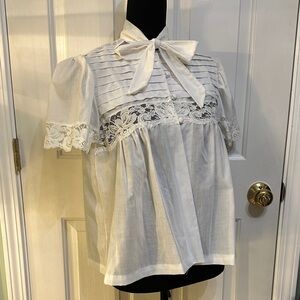 Vintage Lily of France White Lace Babydoll Blouse with Bow Tie